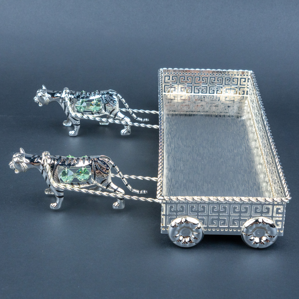 Tiger Motif Decorative Tray | Silver Tone Geometric Tabletop Accent with Green Details for Console Styling and Festive Hosting