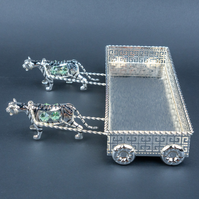 Tiger Motif Decorative Tray | Silver Tone Geometric Tabletop Accent with Green Details for Console Styling and Festive Hosting
