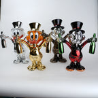 Four colorful figurines with top hats and bottles on a white background