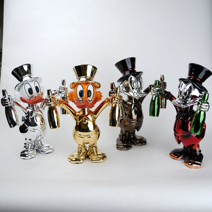Four metallic figurines of cartoon characters with top hats and bottles on a white background
