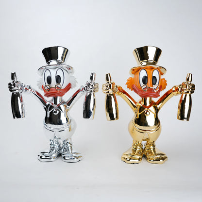 Two figurines, one silver and one gold, holding bottles against a white background
