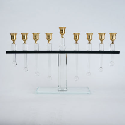 linear crystal candle holder with gold cups and transparent base for modern table decor