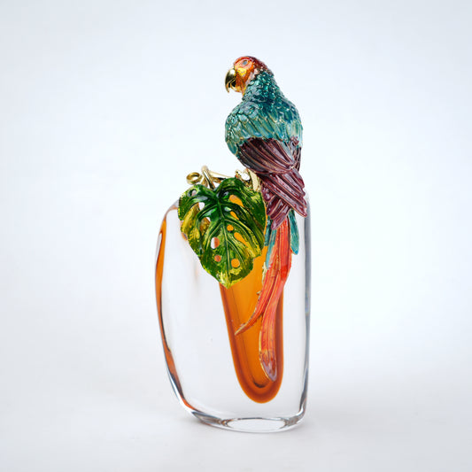 Decorative glass vase with amber core and detailed parrot design in vibrant multicolor finish