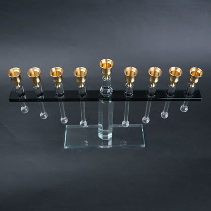 linear crystal candle holder with gold cups and transparent base for modern table decor