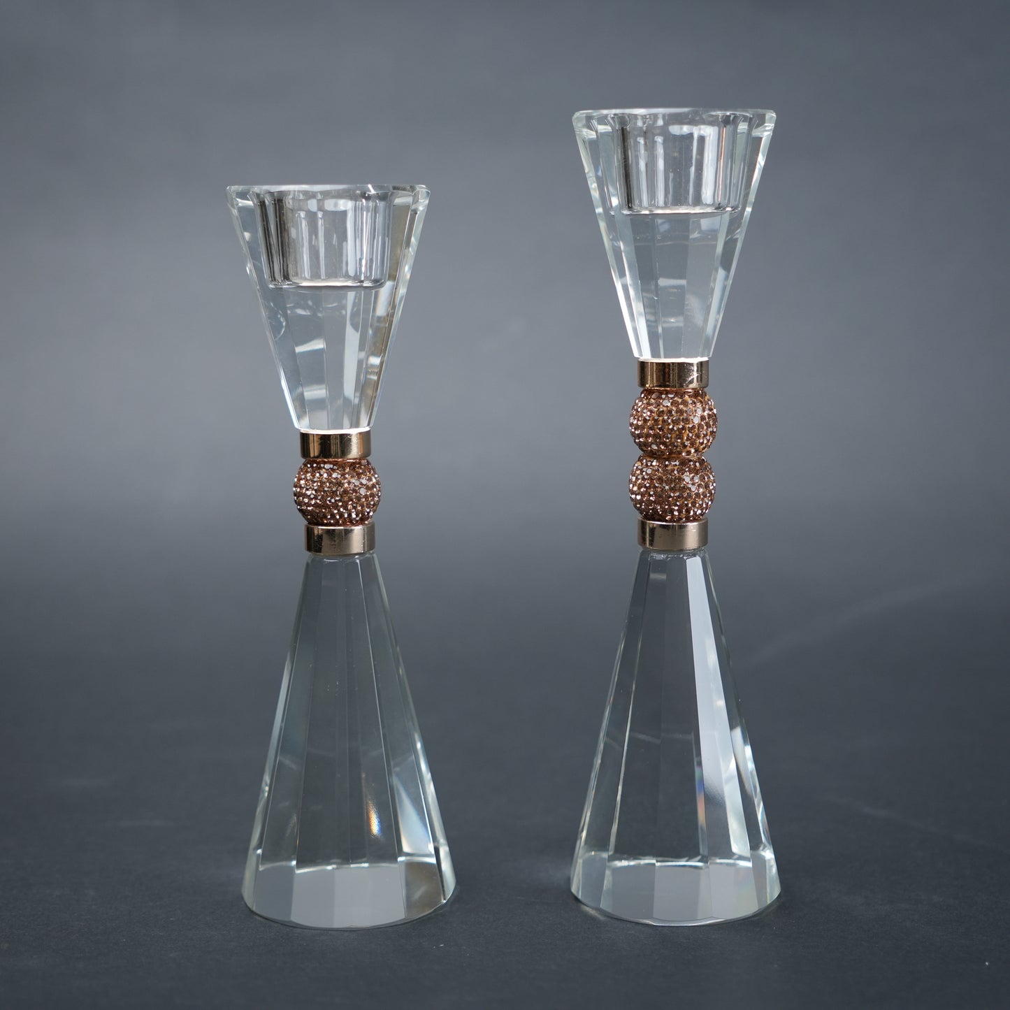 crystal candle holder set of two with faceted glass design and gold textured base