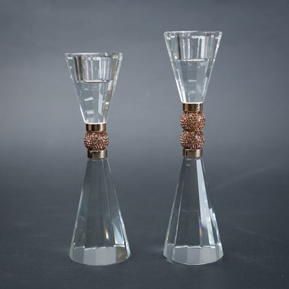 crystal candle holder set of two with faceted glass design and gold textured base