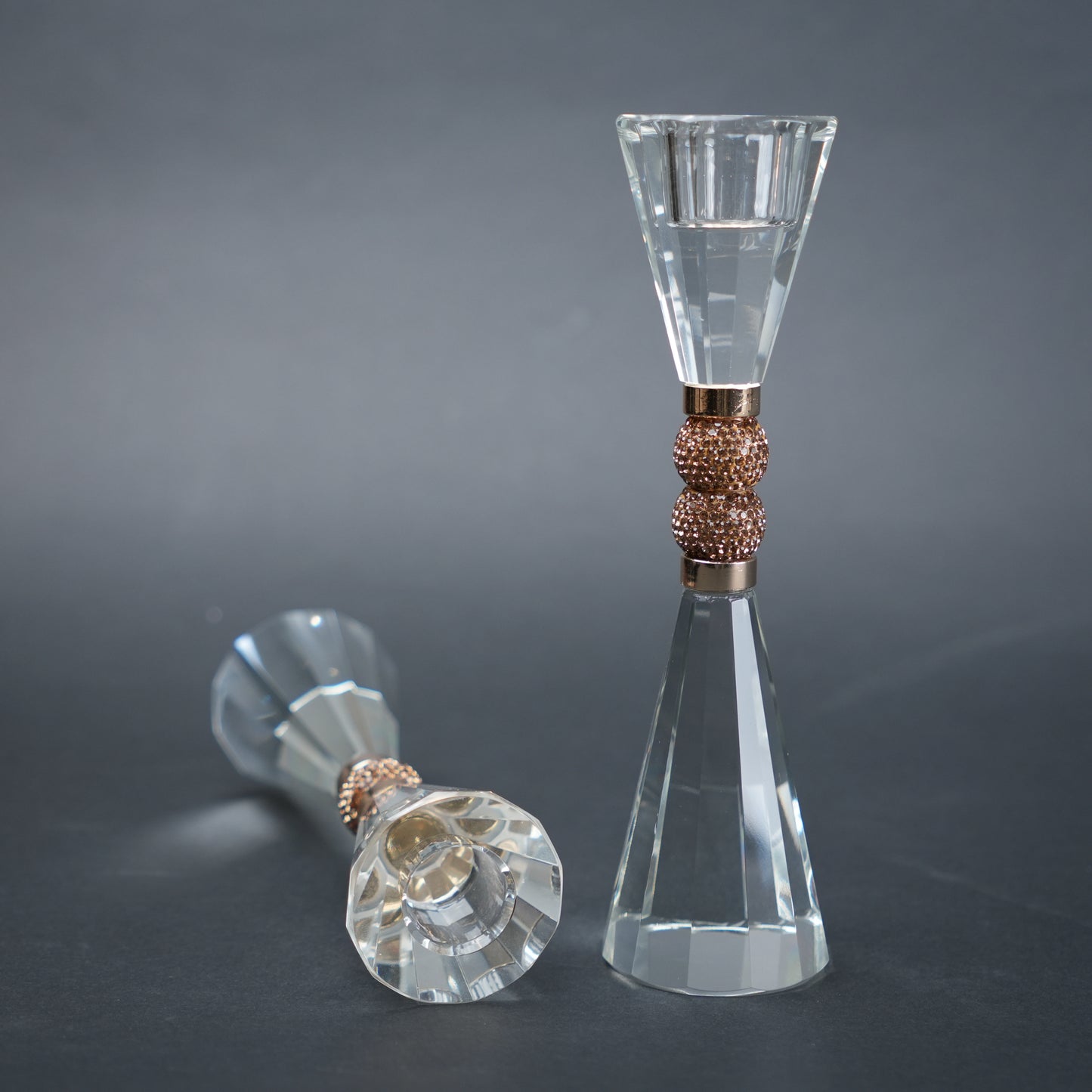 crystal candle holder set of two with faceted glass design and gold textured base