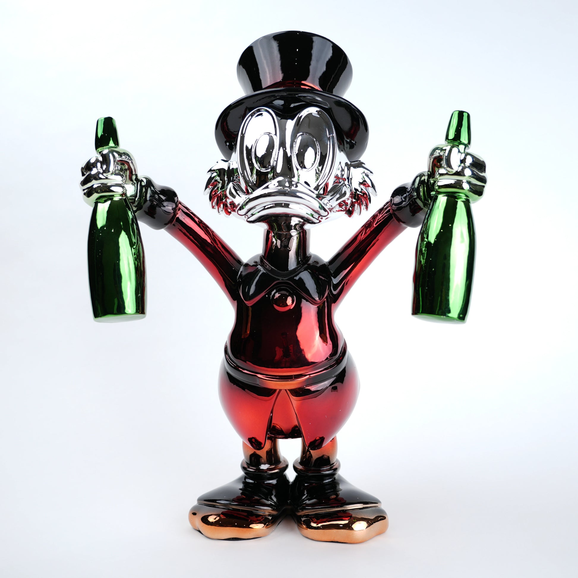 red duck figurine holding green bottle chrome finish luxury cartoon decor accent
