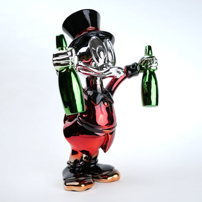 red duck figurine holding green bottle chrome finish luxury cartoon decor accent