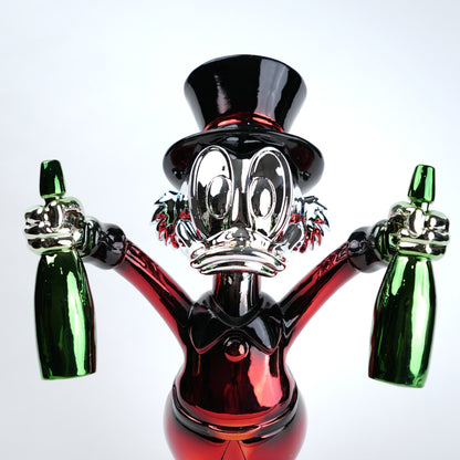 red duck figurine holding green bottle chrome finish luxury cartoon decor accent