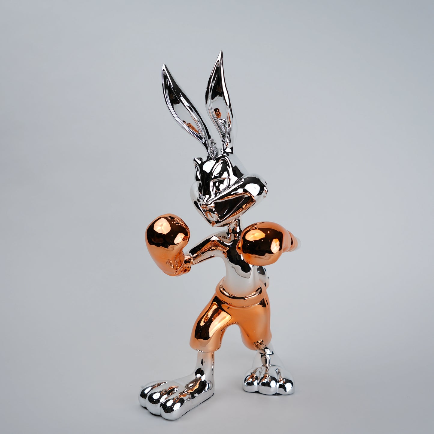 Chrome silver and gold bunny boxer decor figurine luxury collectible for modern home and office