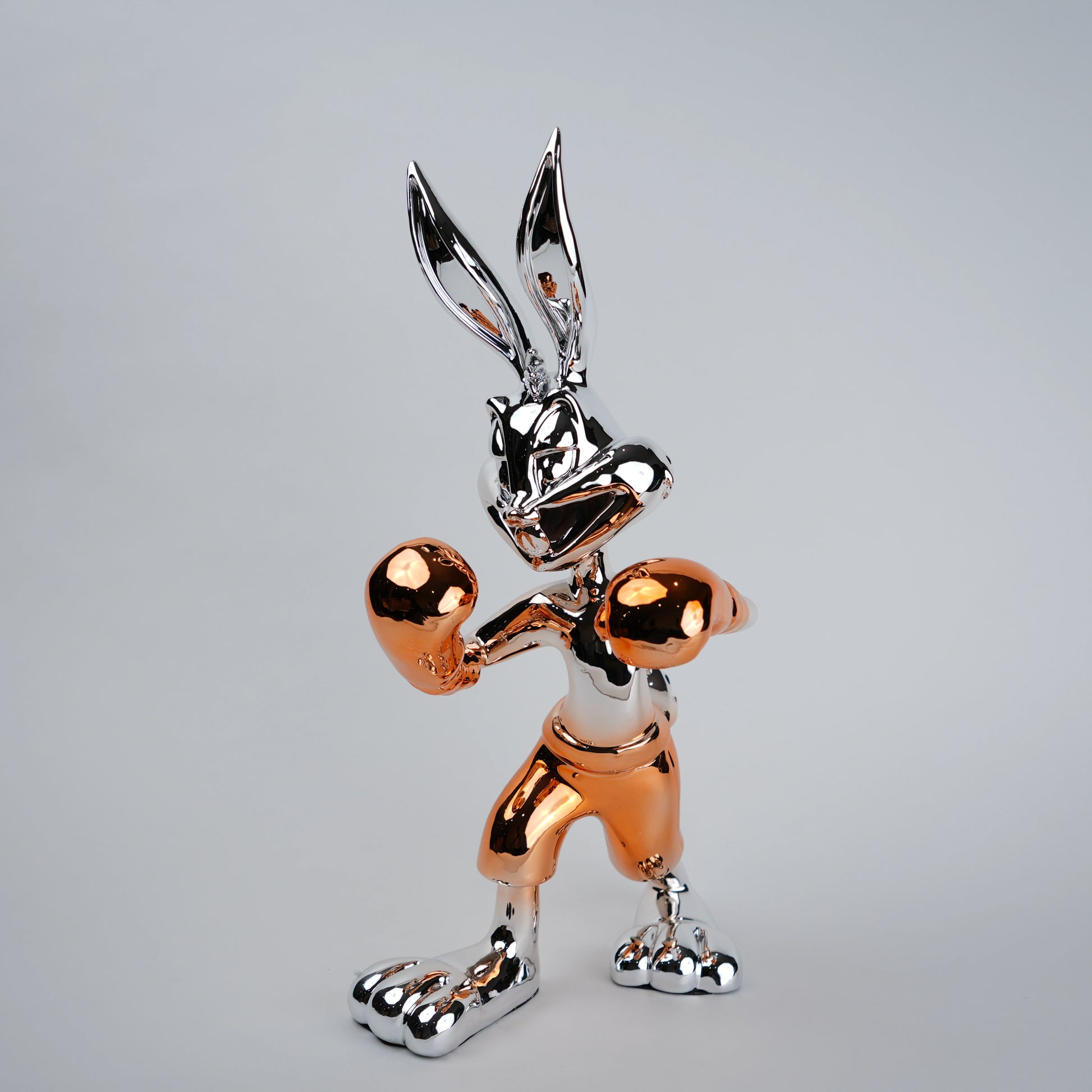 Chrome silver and gold bunny boxer decor figurine luxury collectible for modern home and office