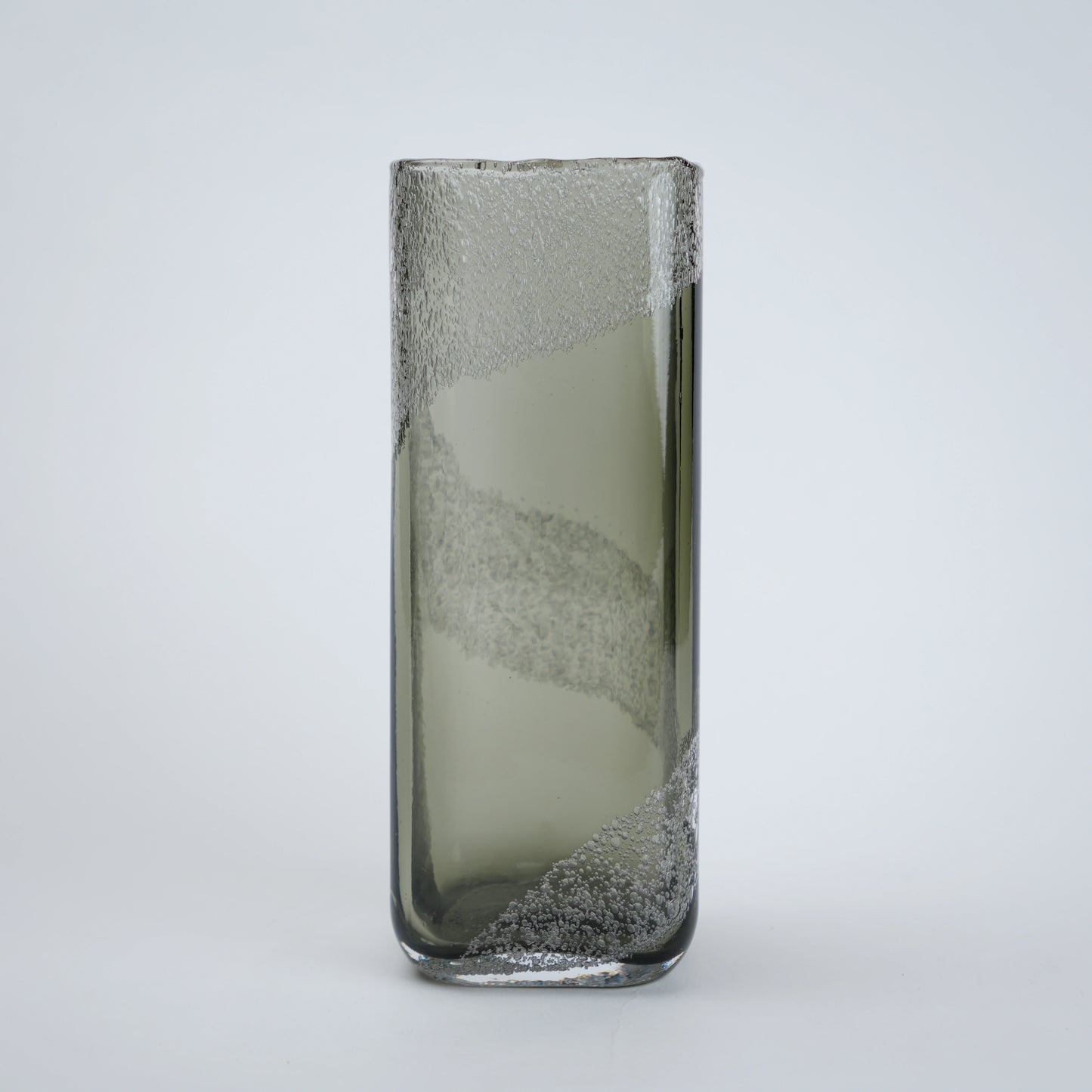 tall grey glass vase with frosted swirl design