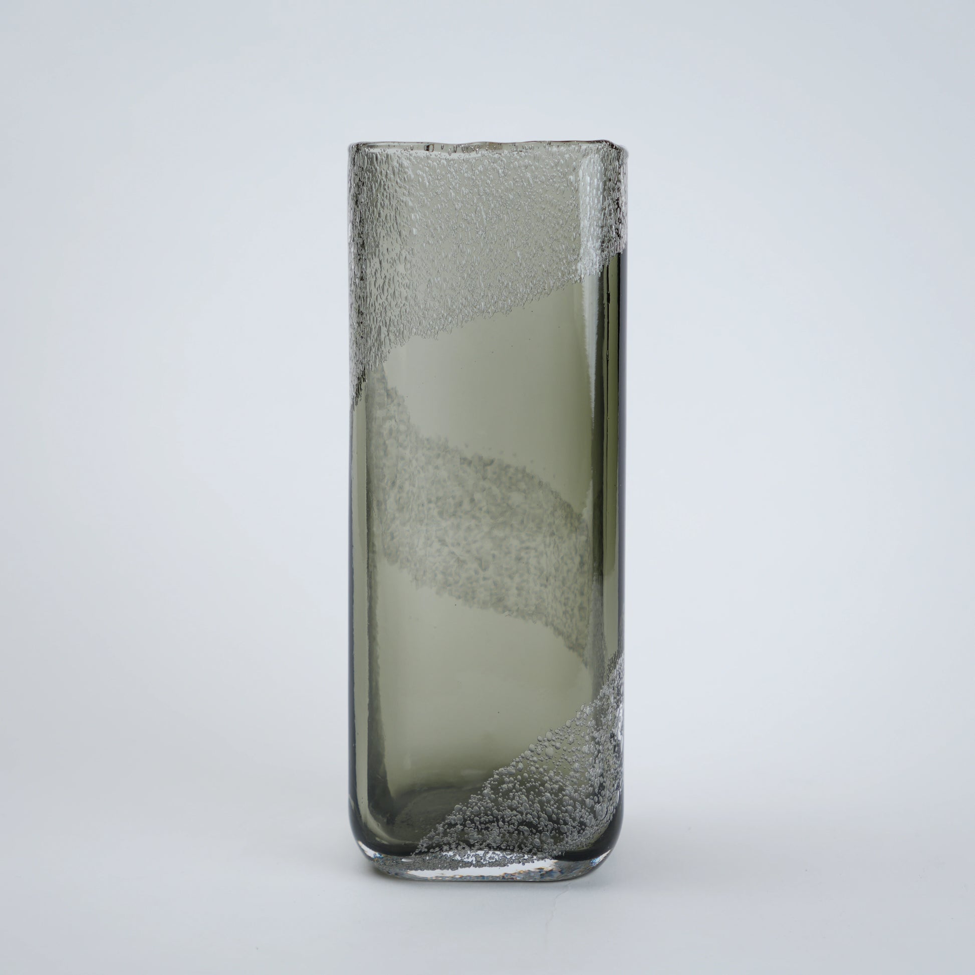 tall grey glass vase with frosted swirl design