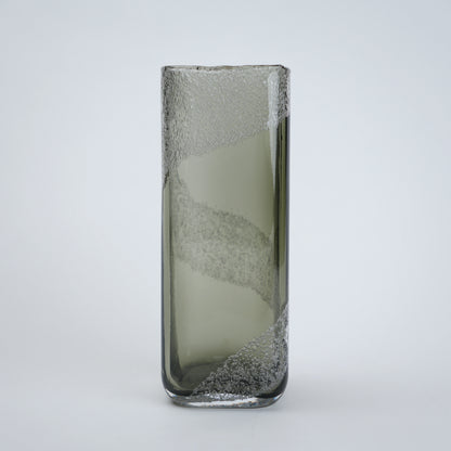 tall grey glass vase with frosted swirl design