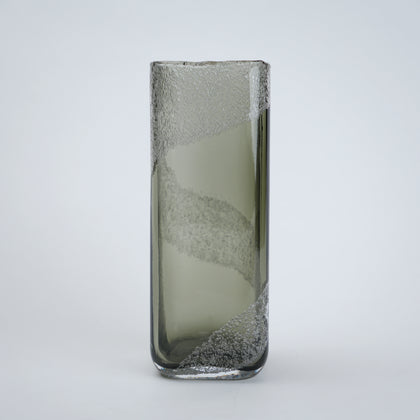 tall grey glass vase with frosted swirl design
