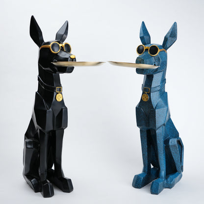 Two stylized dog figures, one black and one blue, holding a tray on a white background.