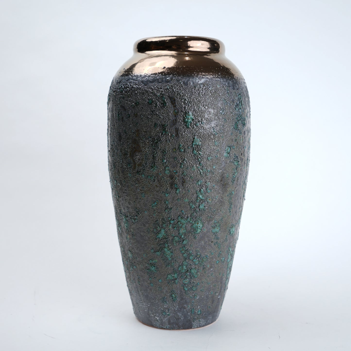 green charcoal ceramic vase with patina texture and bronze neck
