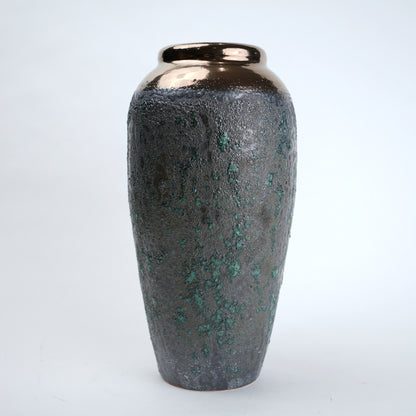 green charcoal ceramic vase with patina texture and bronze neck