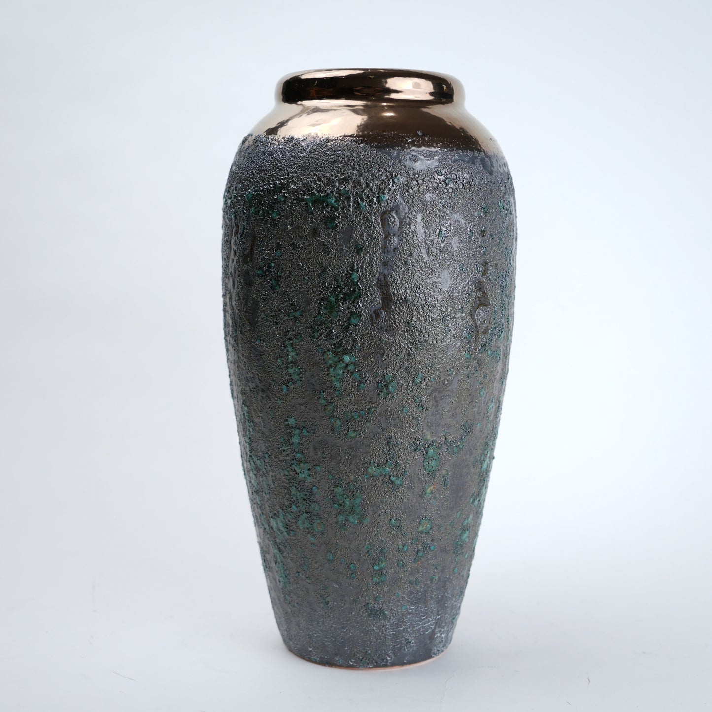 green charcoal ceramic vase with patina texture and bronze neck