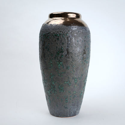 green charcoal ceramic vase with patina texture and bronze neck