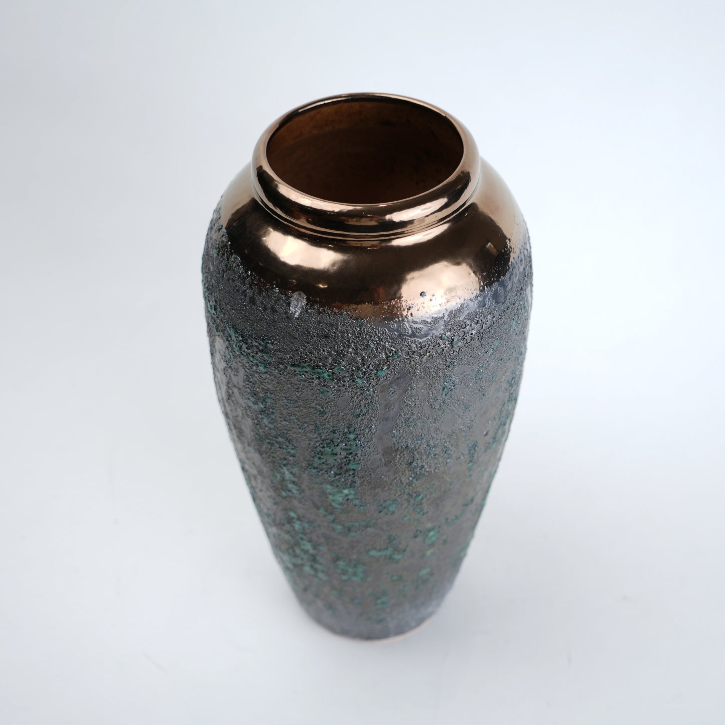 Green charcoal vase, copper rim top-down