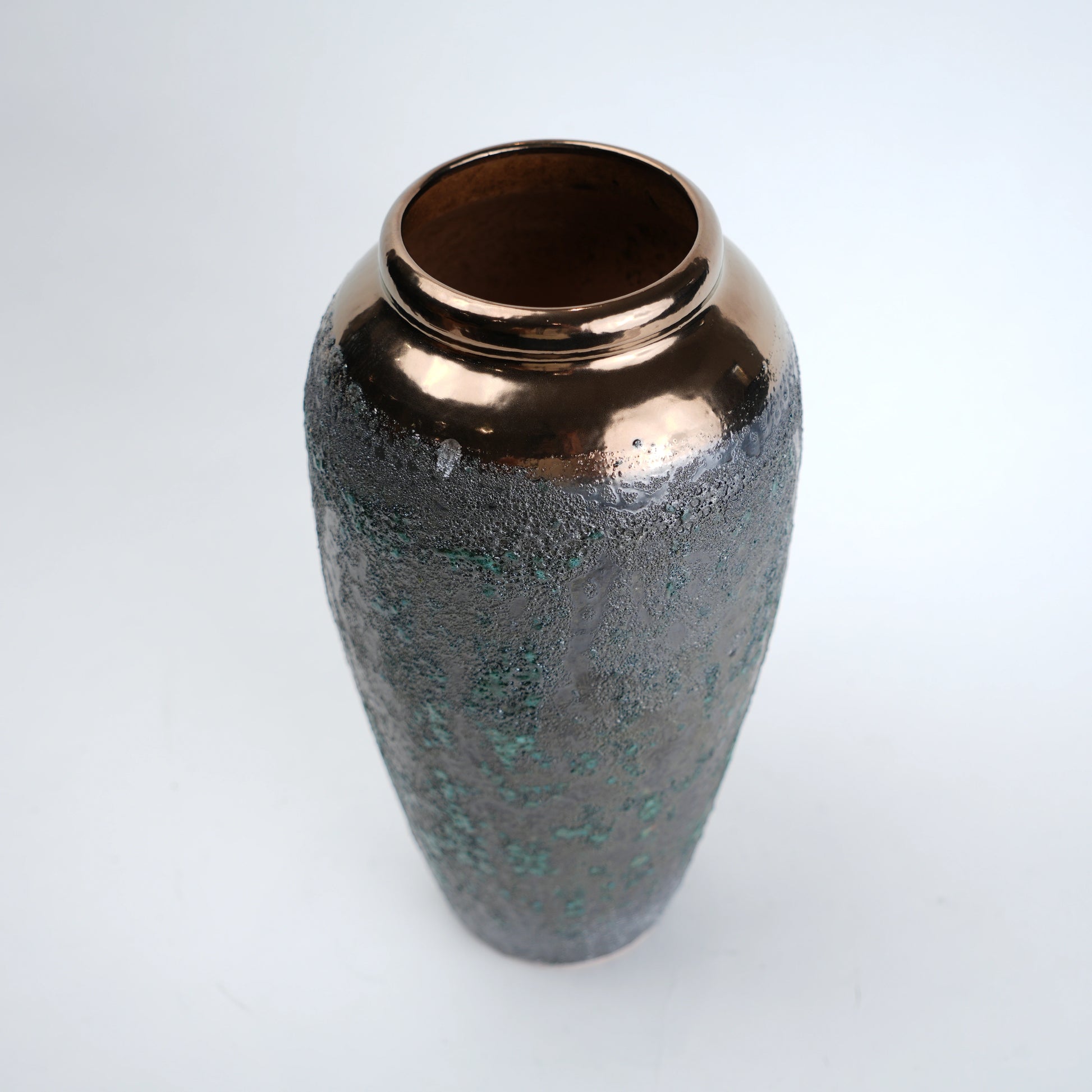 Green charcoal vase, copper rim top-down