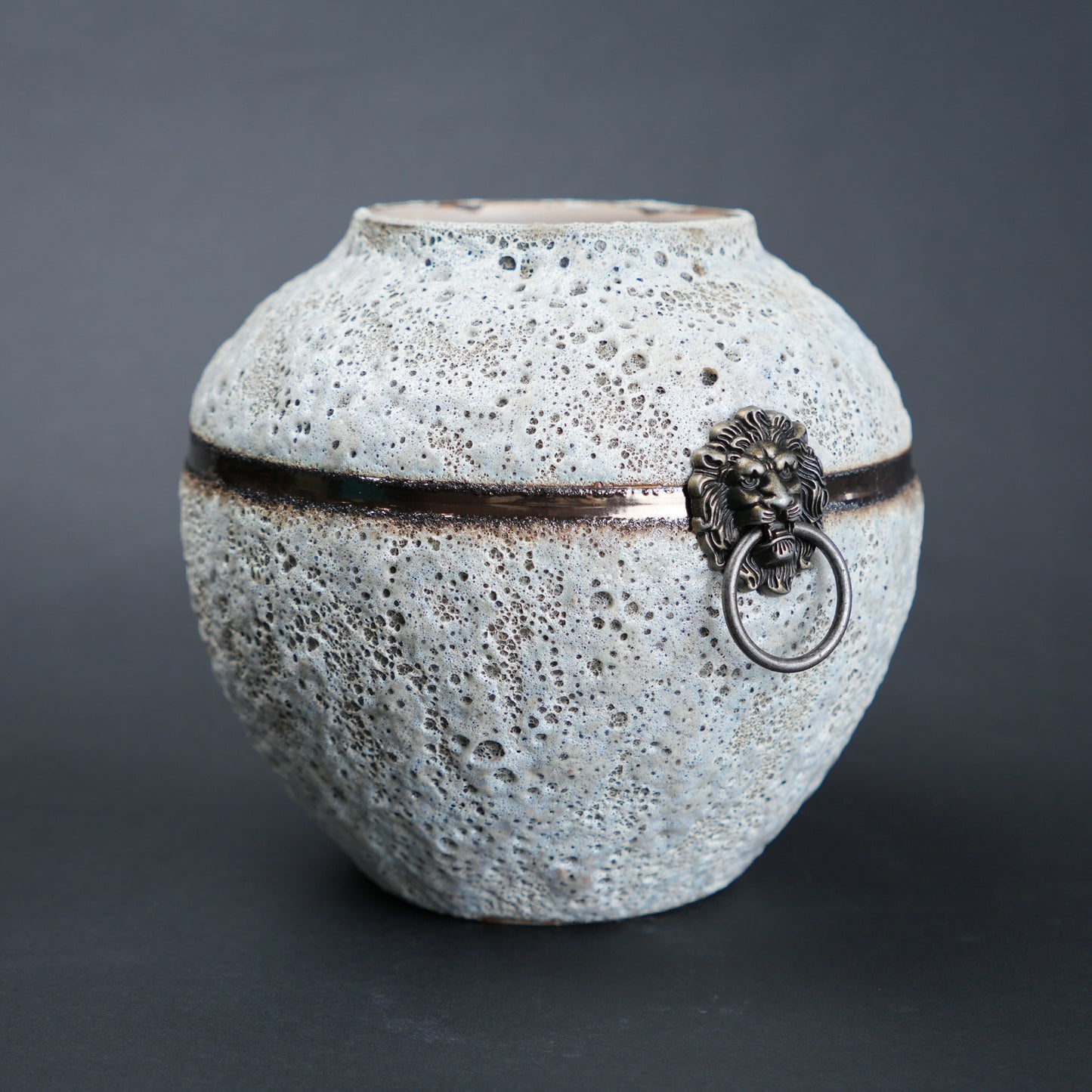 Textured ceramic vase with lion head handle on a dark background