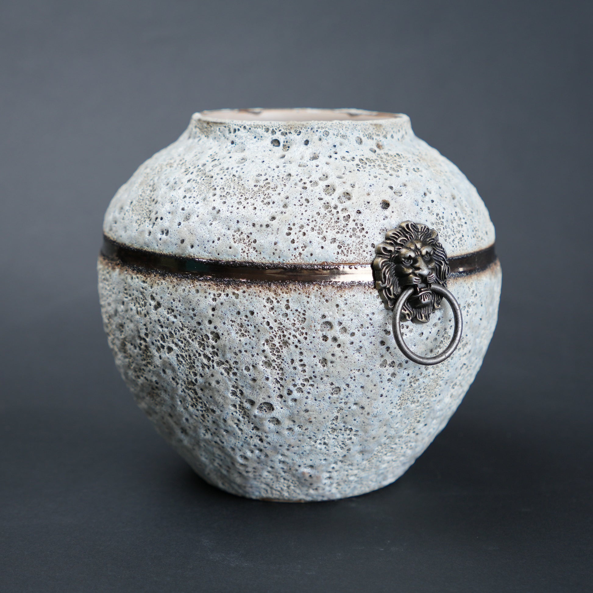 Textured ceramic vase with lion head handle on a dark background