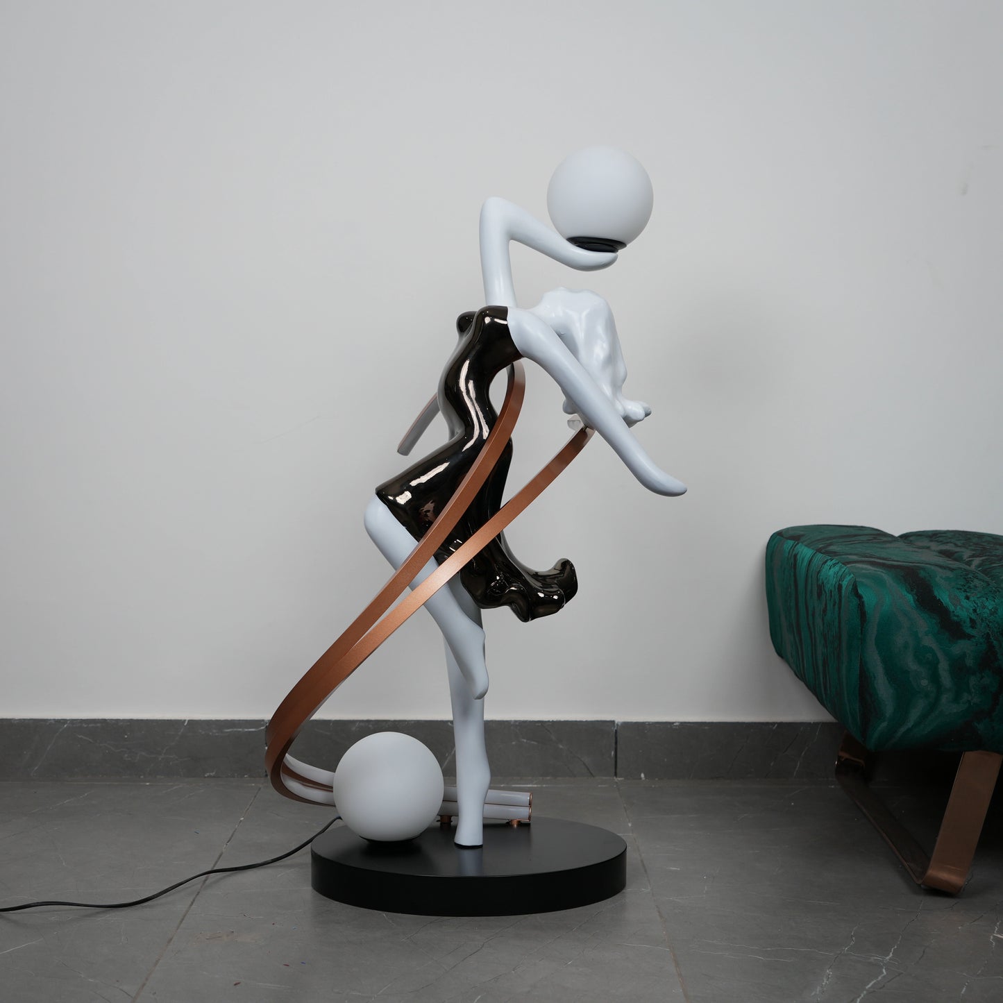 abstract human lamp with glowing orb and LED ring modern decor