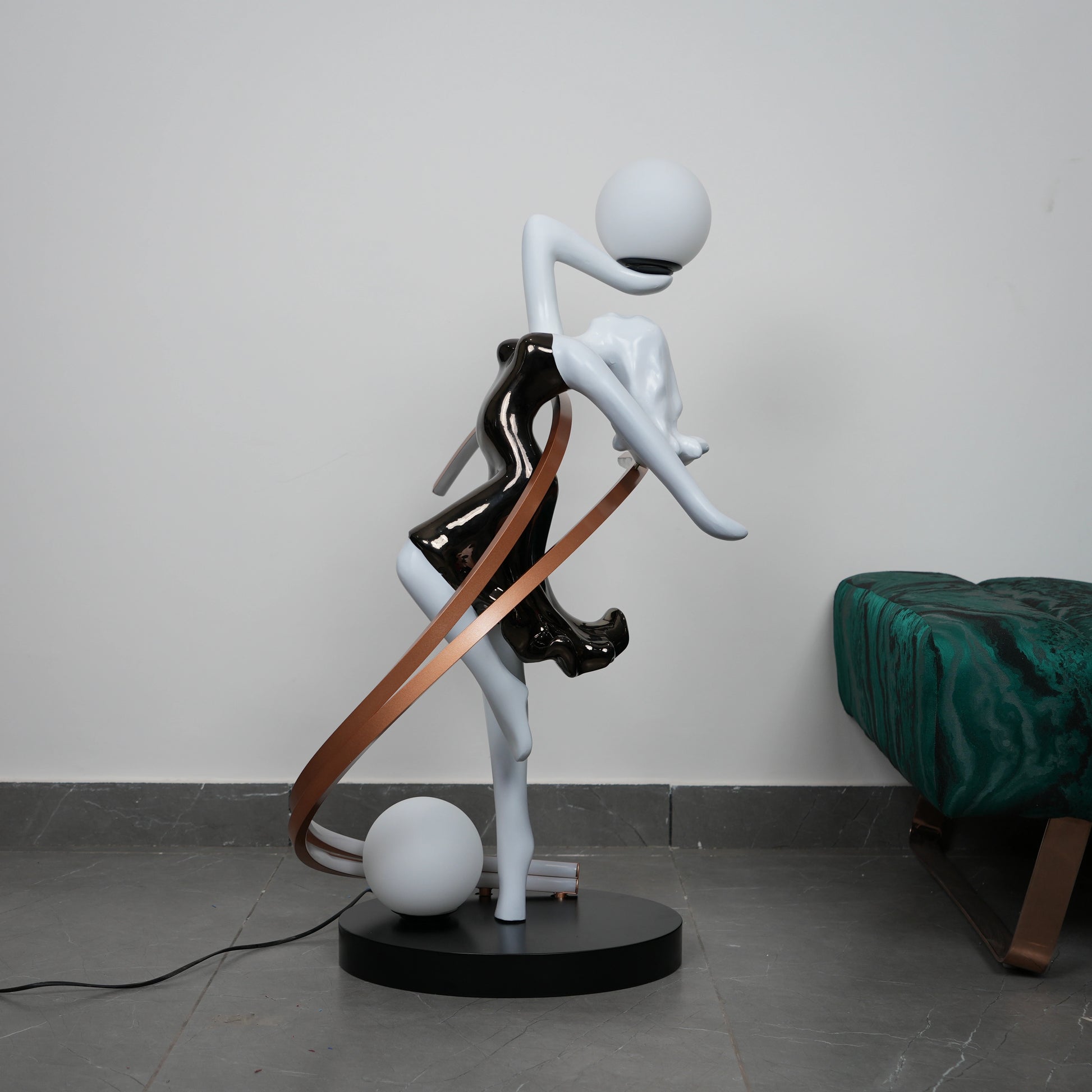 abstract human lamp with glowing orb and LED ring modern decor