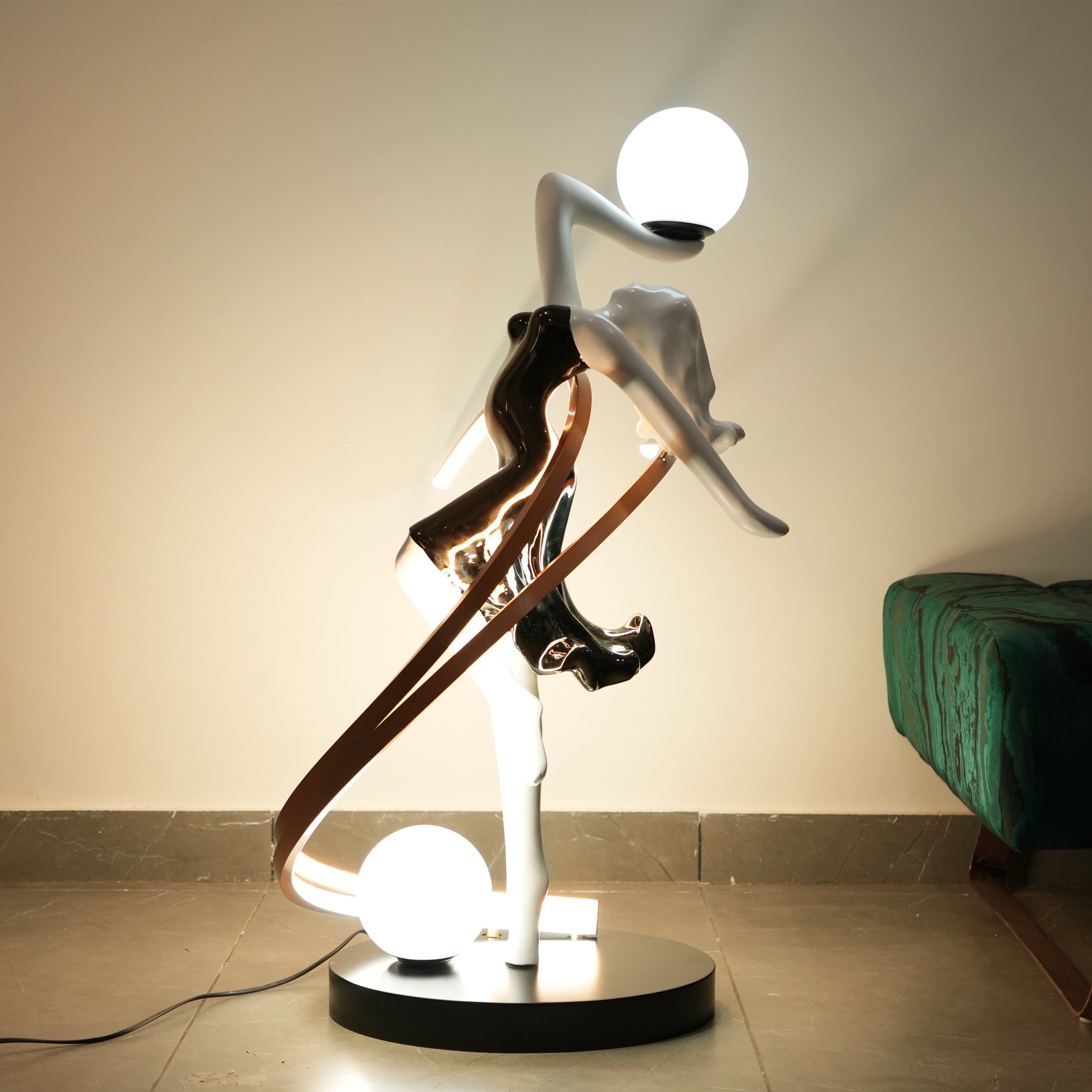 Modern floor lamp with artistic design on a neutral background