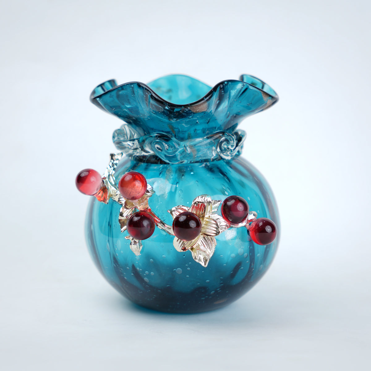 small decorative glass vase teal with red details
