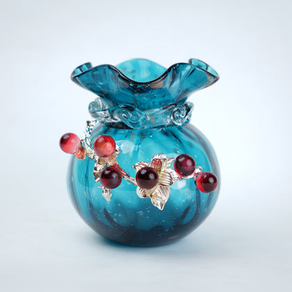 small decorative glass vase teal with red details