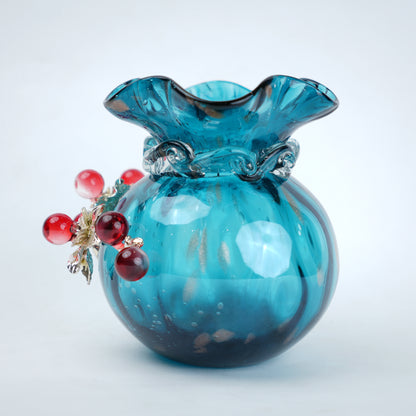 Aqua Bloom turquoise vase, red berry close-up