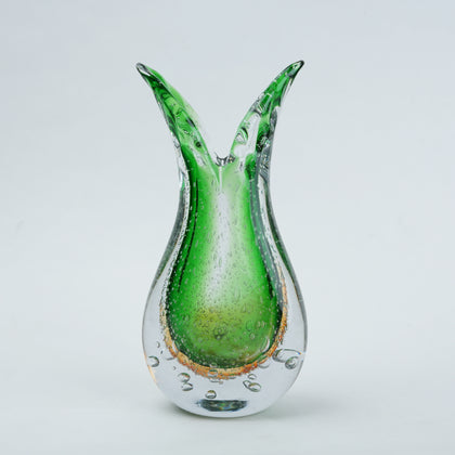 green core glass vase with dual flare opening