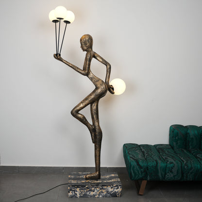 antique gold juggler sculptural floor lamp with orb lights