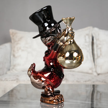decorative duck figurine holding money bags for home decor