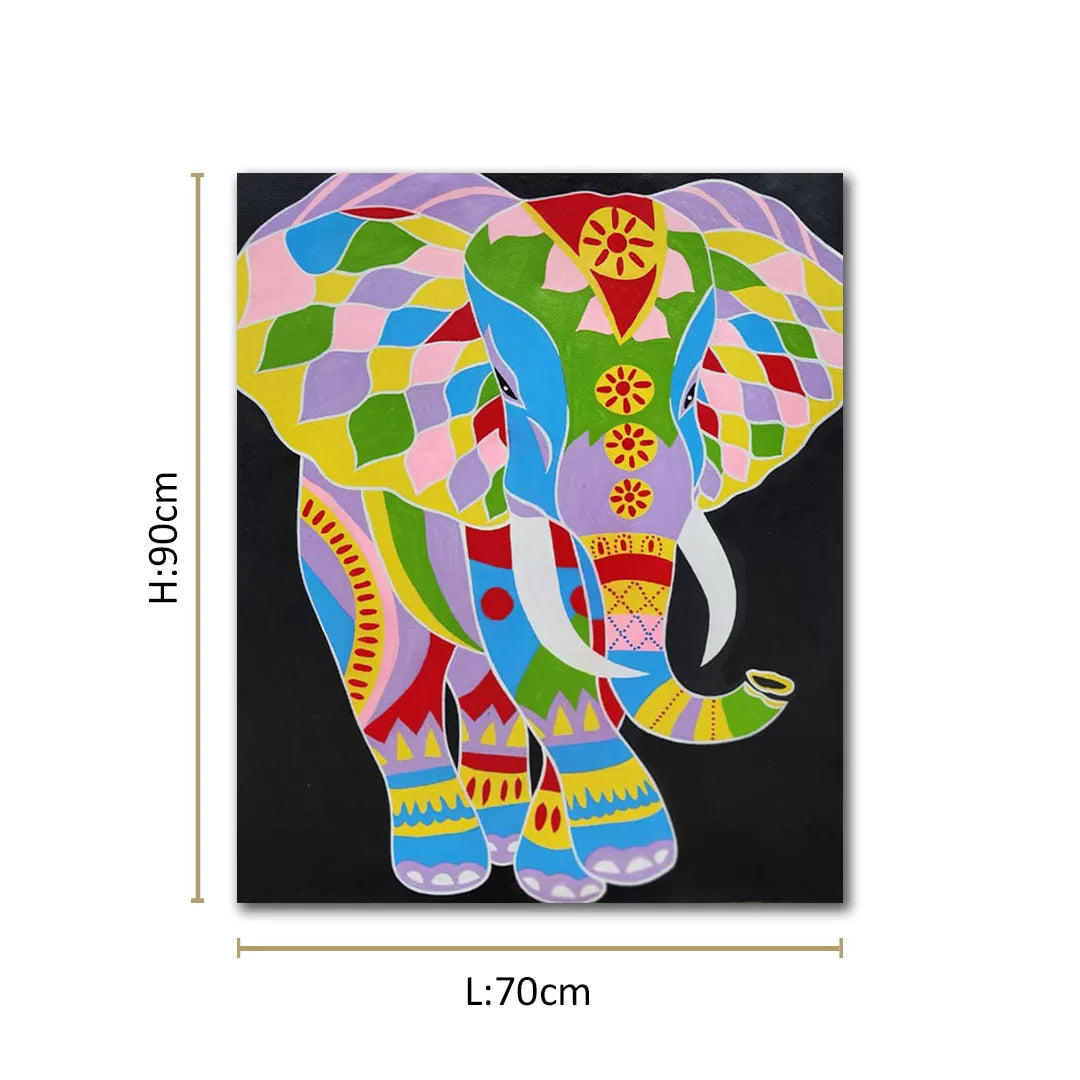 Colorful elephant canvas painting with vibrant geometric artwork for modern luxury wall décor interiors