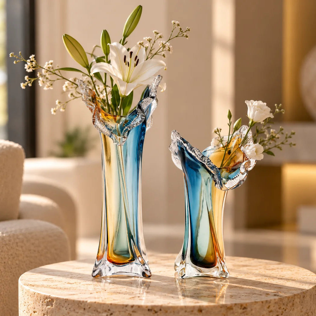 Dual tone blue and amber art glass vase with sculpted rim available in tall and small sizes