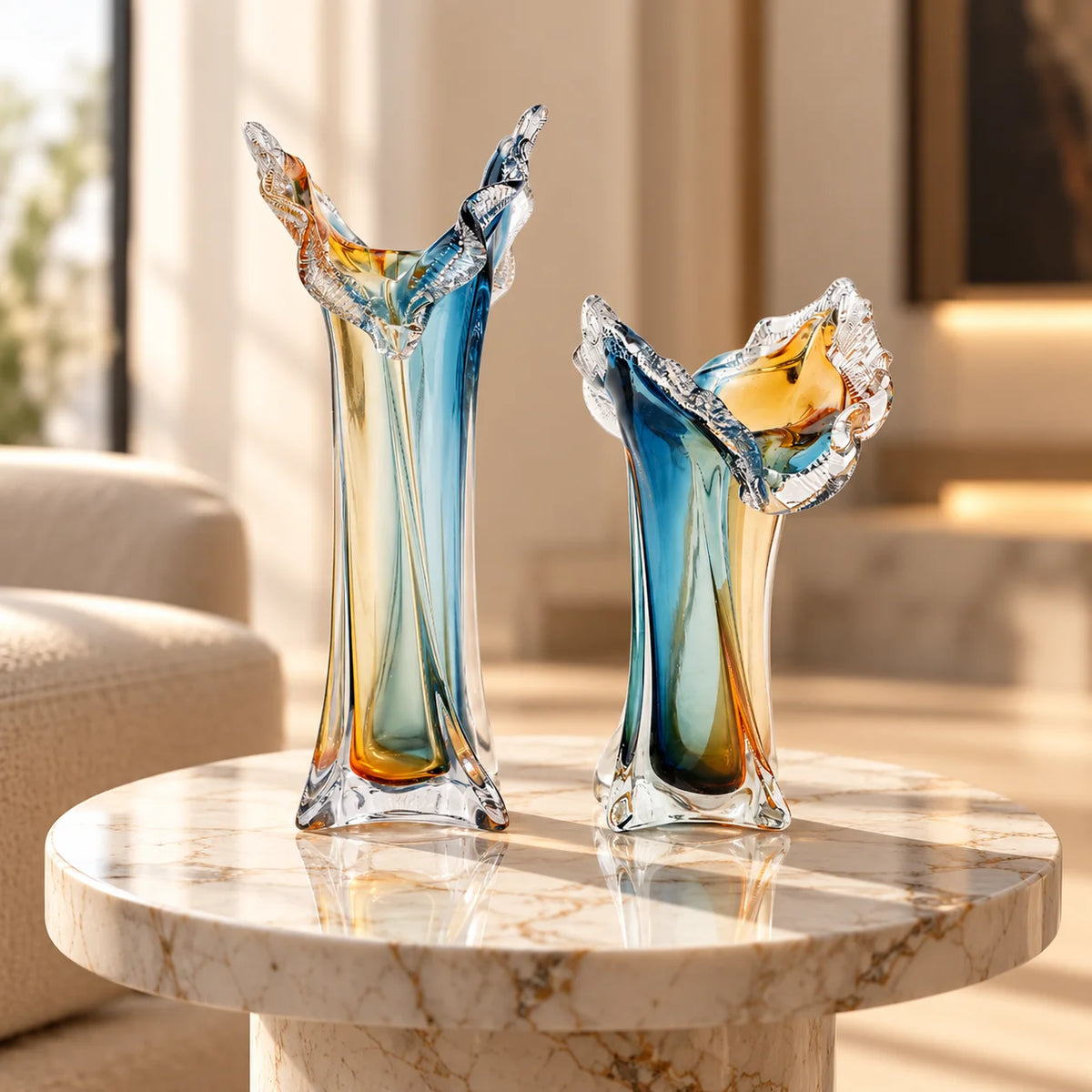 Dual tone blue and amber art glass vase with sculpted rim available in tall and small sizes