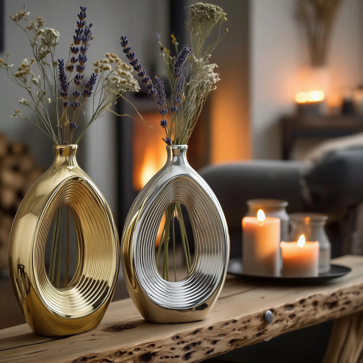 Luxury duo set of ceramic vases featuring contemporary hollow oval silhouettes in gold and silver finishes, ideal for fresh flowers, dried botanicals, console tables and modern designer interiors.