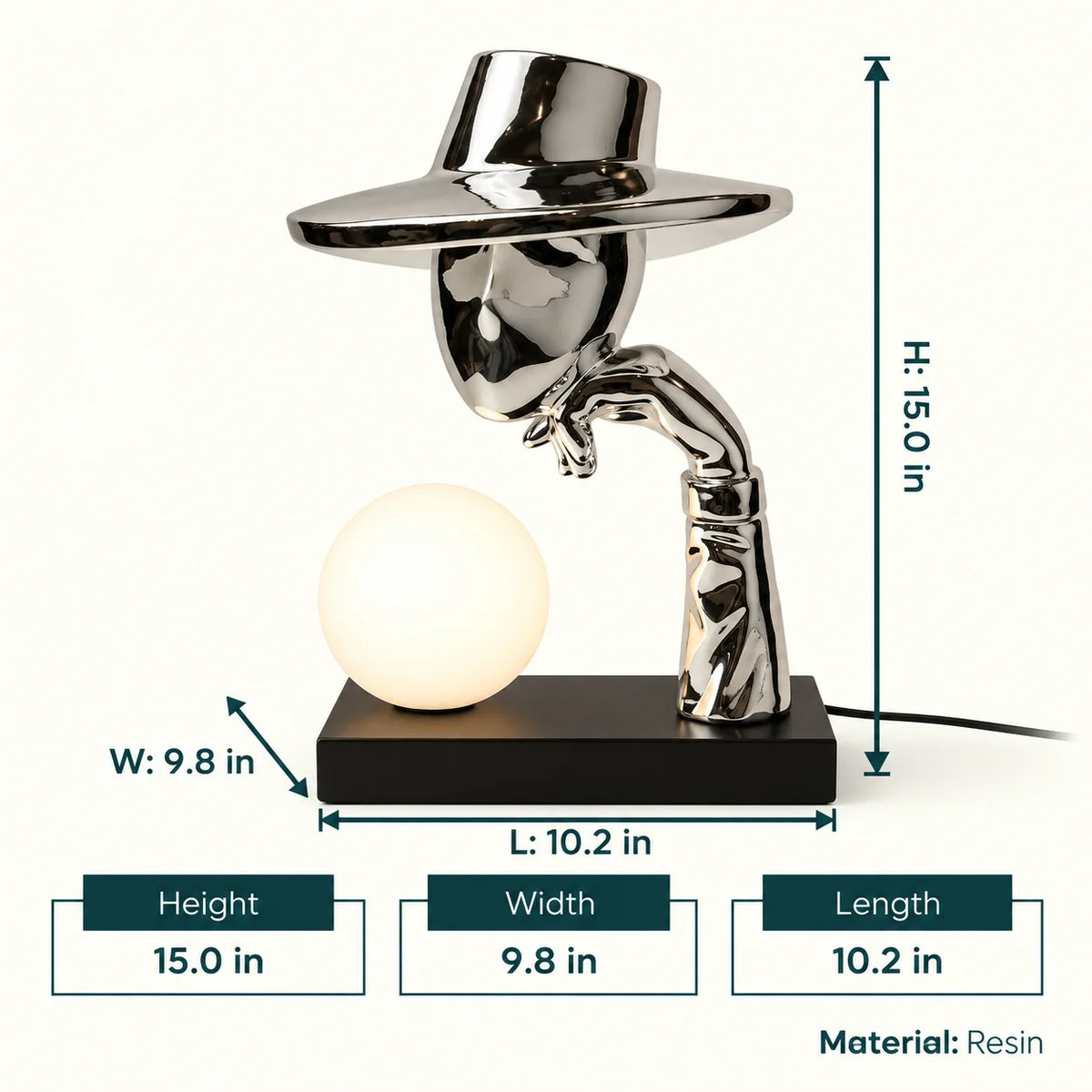 Decorative lamp with a metallic top hat and arm holding a light bulb on a gray background