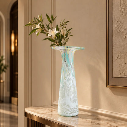 Tall frosted white glass vase with elongated tapered body and flared iridescent rim.