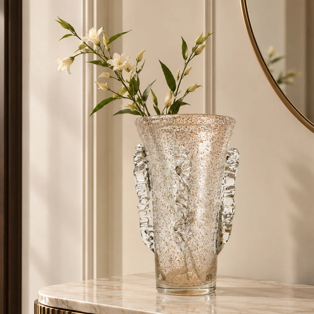 Champagne glass vase w/ copper fleck drip ribs