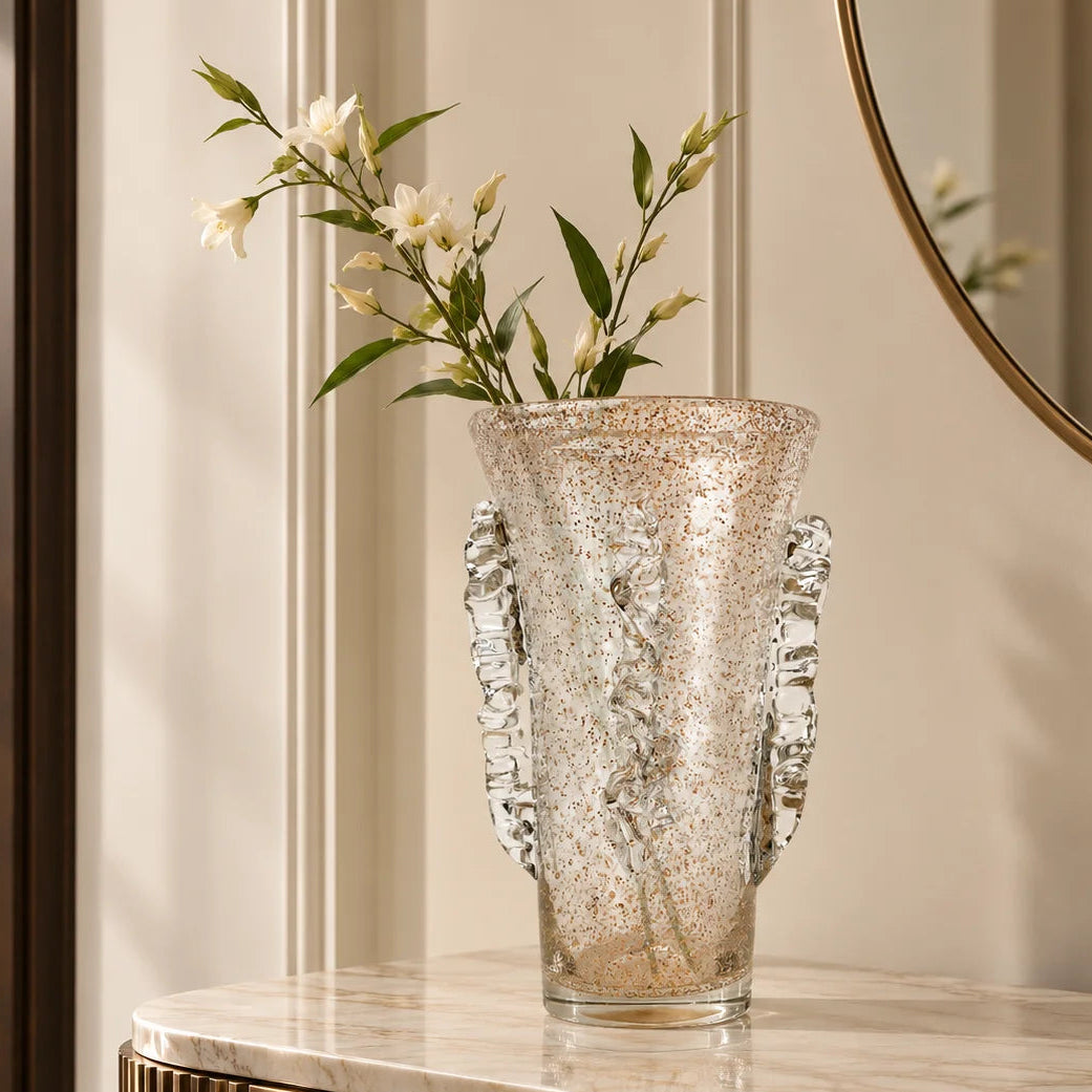 Champagne glass vase w/ copper fleck drip ribs
