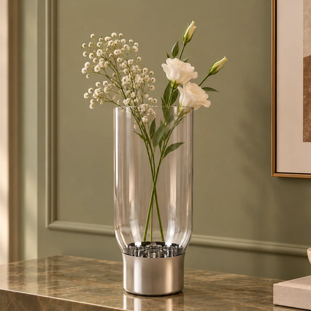 Modern grey vase pair w/ calla lilies, bench