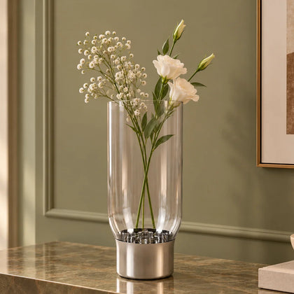Modern grey vase pair w/ calla lilies, bench