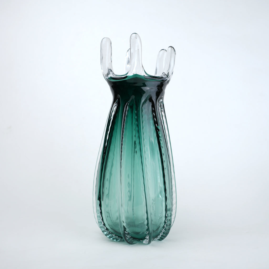 Emerald green glass vase with crown rim design available in small and big sizes for modern decor