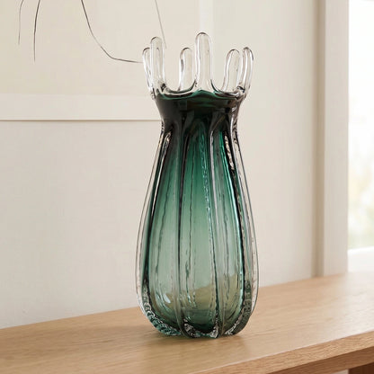 Emerald green glass vase with crown rim design available in small and big sizes for modern decor
